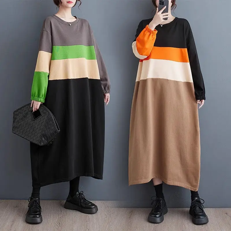 

2023 Autumn Korean Fashion Dress Loose Oversized Stitching Mid Length Art Retro Hit Color Women's Long Sleeve Casual Dress c103