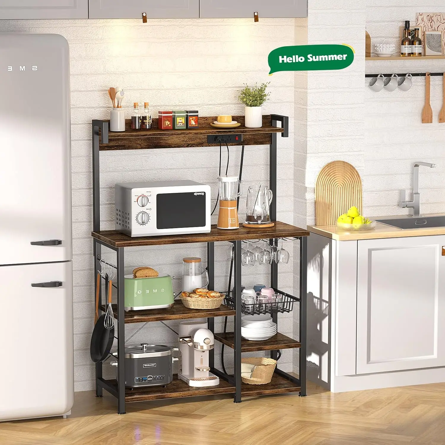 Rack with Power Outlet, Microwave Stand, Kitchen Storage Shelf with Wire Basket, Coffee Bar Station Wine Gl