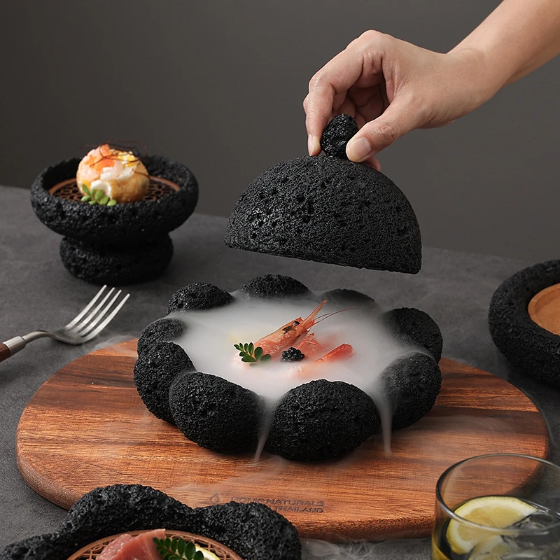 

Japanese Style Salmon Tray Hotel Creative Tableware Coal Ball Volcano Stone Artistic Dish Black Sushi Sashimi Plate Food Display