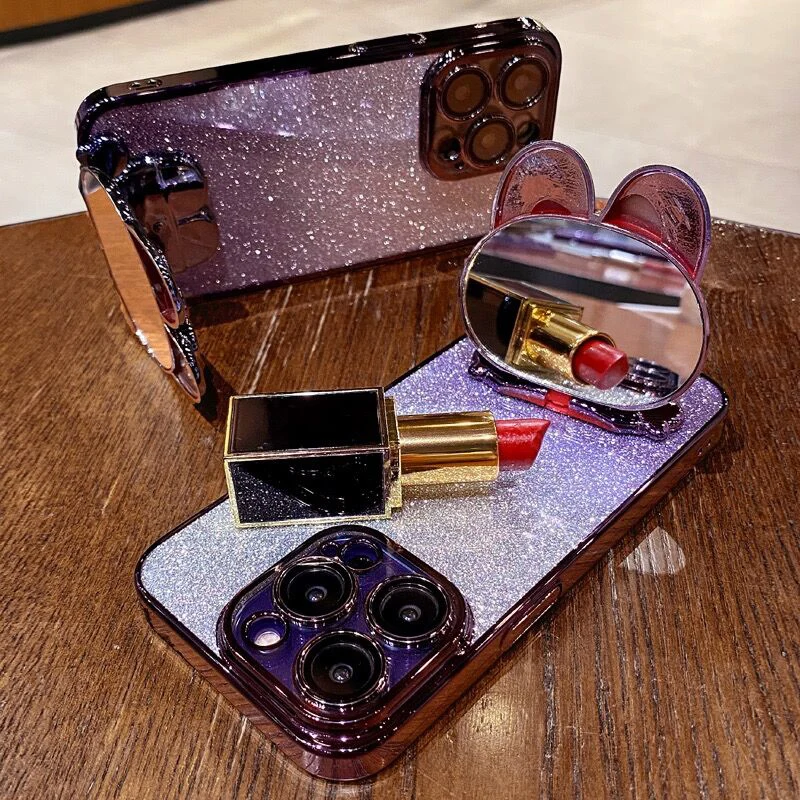 Rabbit Makeup Mirror Plating Phone Holder Case Cover