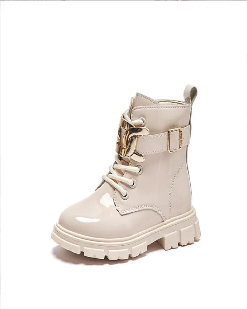 

2023 New Kids Shoes Girls Ankle Boots Buckle Bag British Style Winter Snow Boots Plush Cotton Flat Pu Platform Princess Shoes