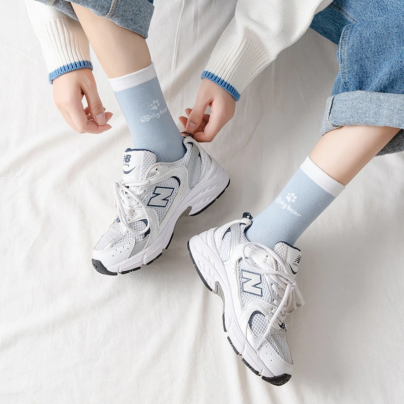 5-Pair Women's Four Seasons Cartoon Cute Little Bear Letter Slogan Transparent College Style Comfortable Breathable Middle Socks 5