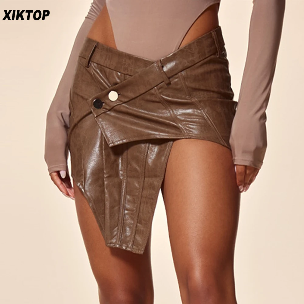 

Xiktop Irregular Brown Skirt Women Trend Chic V Waist Navel Front Cross Sexy Short Mini PU Leather Asymmetric Skirts Y2k Gothic