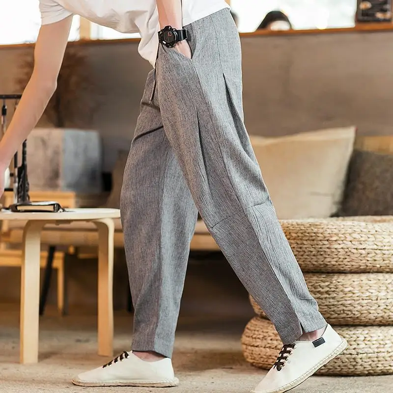 Chinese Style Loose Cotton Casual Haren Pants Men's Solid Elastic Waist Drawstring Pocket Patchwork Thin Trend Straight Trousers