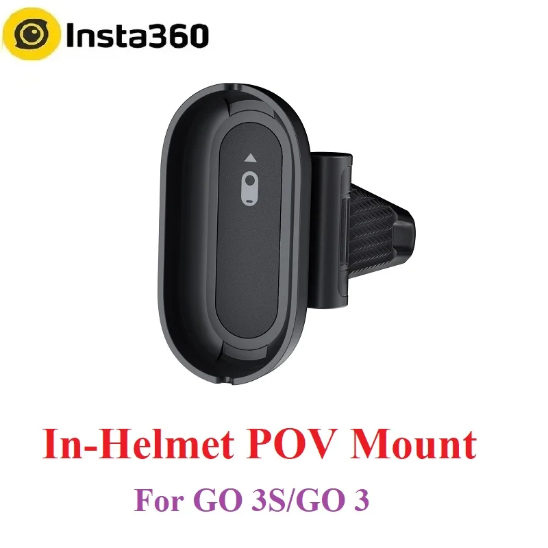 Gros plan sur le support POV pour Insta360 GO 3/GO 3S, montrant le mécanisme de fixation et la caméra clipsée.