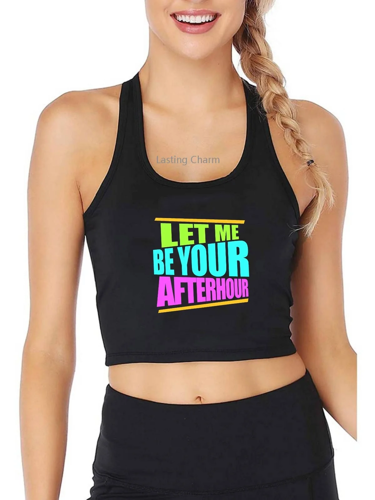 

Let Me Be Your After Hour Techno Design Breathable Slim Fit Tank Top Women's Personalized Customization Yoga Sports Crop Tops