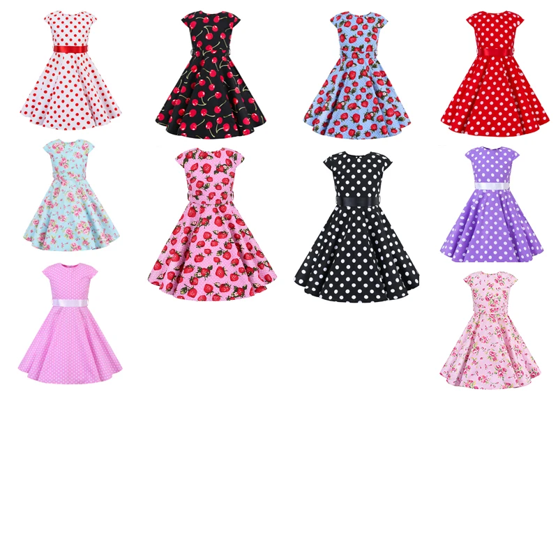 

Summer Girls Dress Vestidos Longue De Verano Robe Casual Vintage Fille Kids Bow Children Floral Strawberry Flower Polka Dot