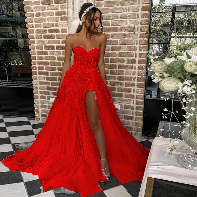 Elegant A-Line Side Slit Sleeveless Wedding Dresses Tulle Appliques Floor Length Strapless Zipper Ball Bridal Gowns 2022 New Red