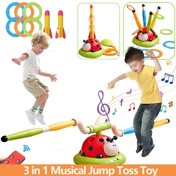 3 in 1 Musical Jump Sports Toys Toss Ring Game Toy and Rocket Launcher for Kids Ladybug Multifunction Outdoor Machine Gifts