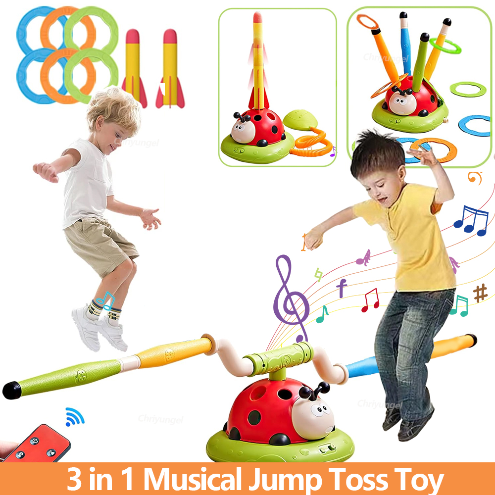 3 in 1 Musical Jump Sports Toys Toss Ring Game Toy and Rocket Launcher for Kids Ladybug Multifunction Outdoor Machine Gifts