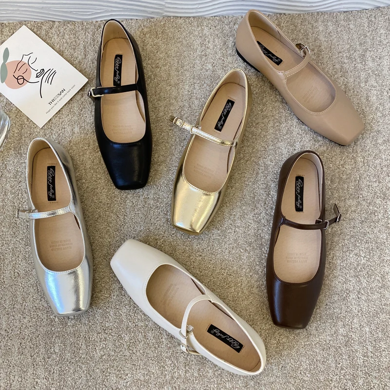 

2023 Summer New Brand Women Gold Flats Fashion Square Toe Shallow Mary Jane Shoes Soft Casual Ballet Shoes Slingback Shoes