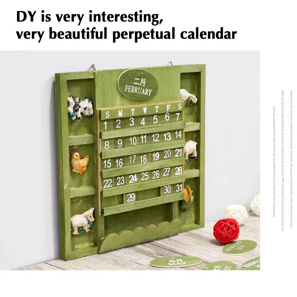 

Creative Vintage Calendar 1Set Handmade Wooden Home Decoration Hanging Wall DIY Cute Animals Wooden Perpetual Wall Calendar