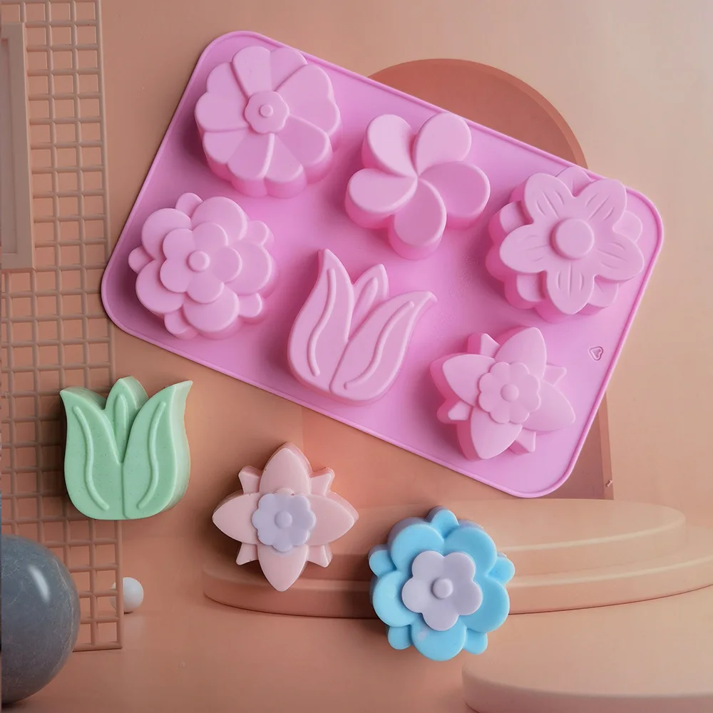 Silicone mold 6 holes flower-shaped rose flower homemade soap candle making easy demould handmade cake chocolate baking