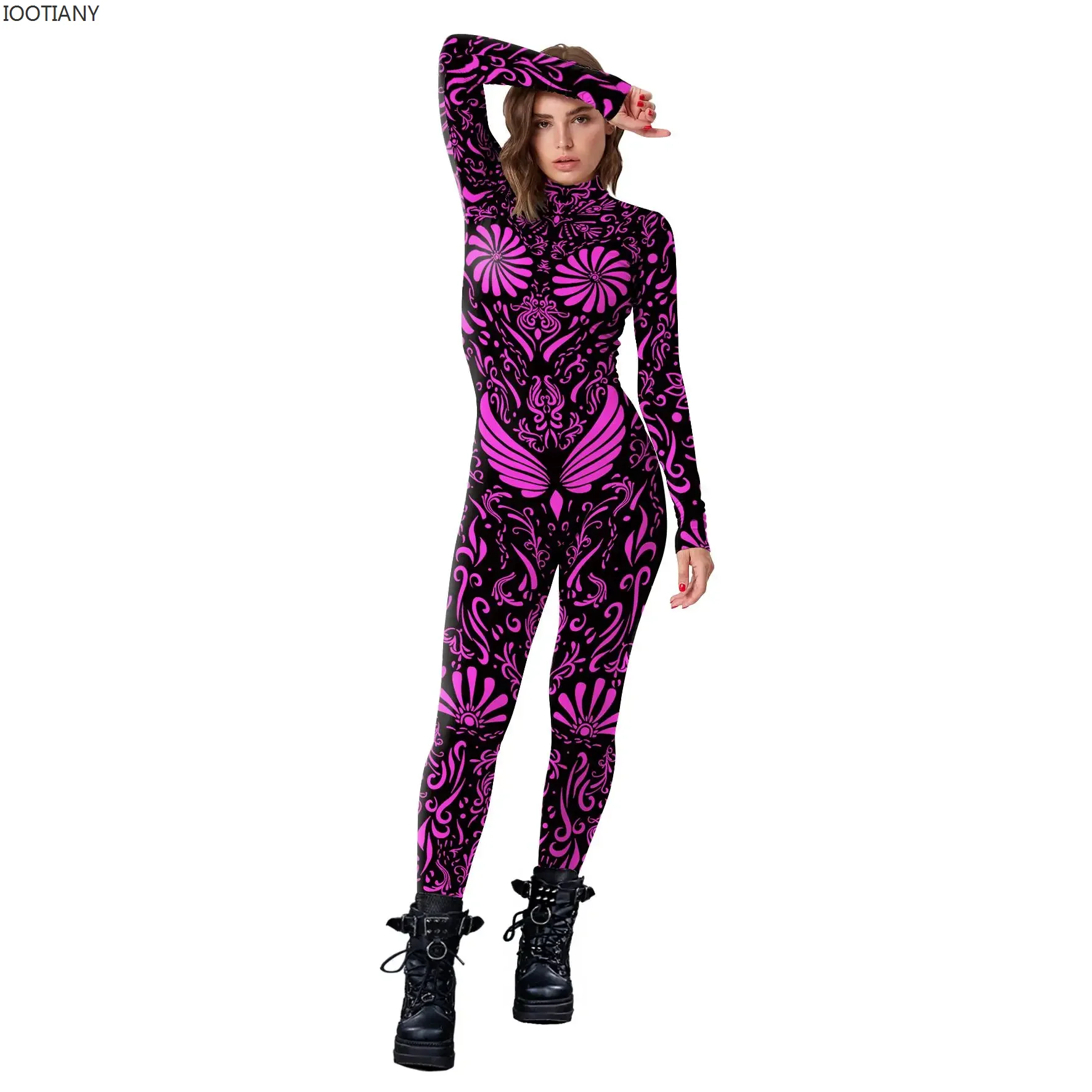 

IOOTIANY Woman Burnning Man Festival Outfit Female Party Catsuit Zentai Bodysuits Pink Green Print Costume Carnival Jumpsuit