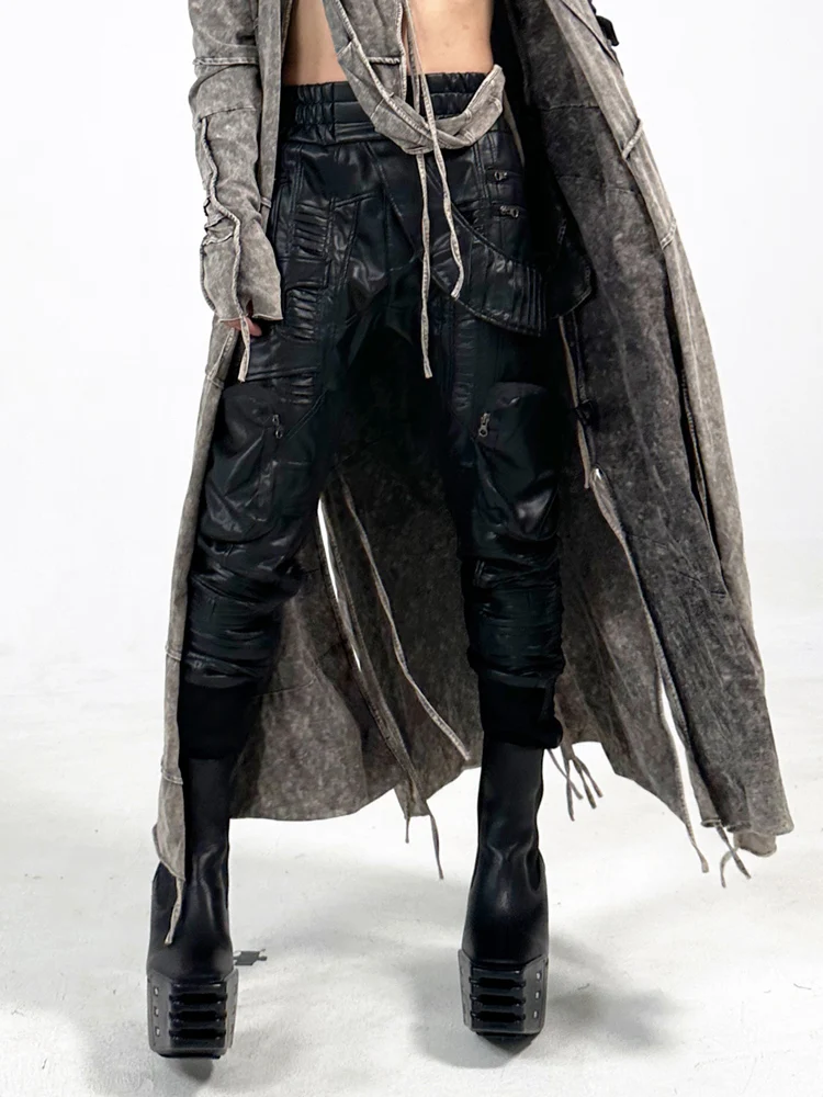 Avant-Garde Style Wasteland Asymmetrical Hollow Zipper Motorcycle Pleated Imported Microfiber Leather Pants For Men And Women