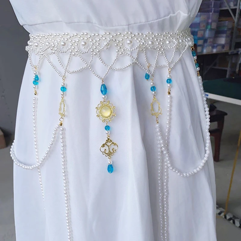 Chinese Ancient Style Long Tassel Pearl Waist Belt Tang Dynasty Hanfu Waist Chain Costumes Dunhuang Accessories Costume Props
