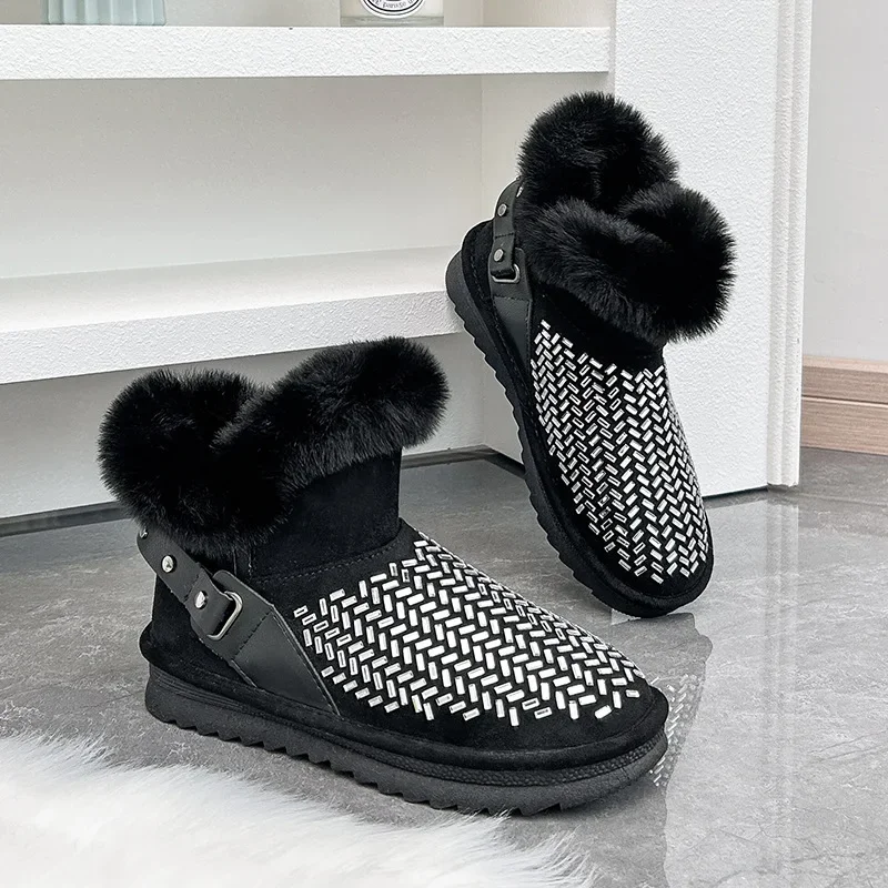 

Женские зимние ботинки с блестками, Корейская версия, новинка 2024, зимняя теплая удобная хлопковая обувь с плюшевой подкладкой, модная Роскошная повседневная обувь