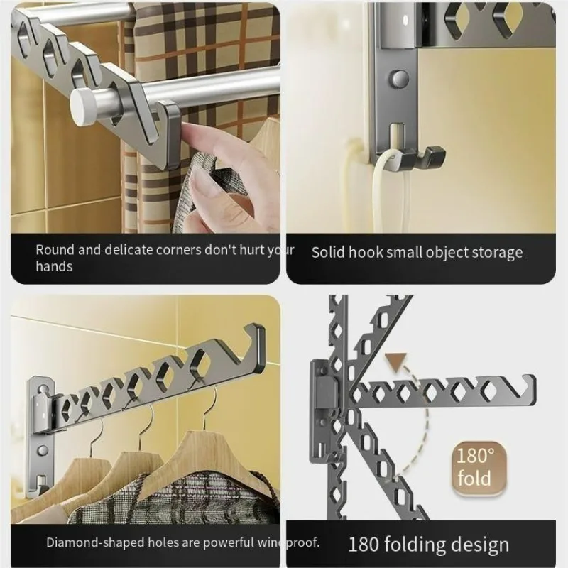 Folding Wall Hanging No Punch Bathroom Balcony Drying Clothes Indoor Clothes Hanging Rod Bathroom Invisible Hangers
