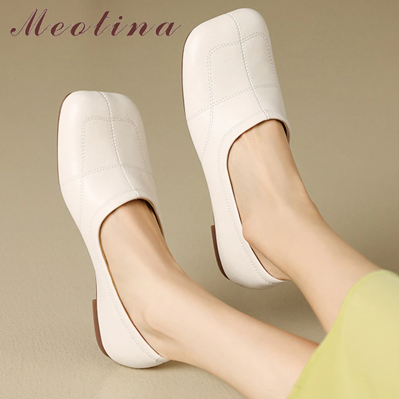 

Meotina Women Genuine Leather Glove Shoes Square Toe Flats Concise Ladies Fashion Casual Shoes Spring Autumn Apricot Beige Green