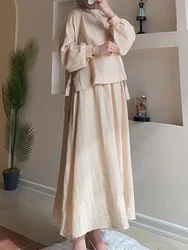 2023 Turkey Ramadan Muslim Sets Women Fashion Long Sleeve Lace-Up Blouse Maxi Skirts Vintage Casual Elegant Suits Dropshipping