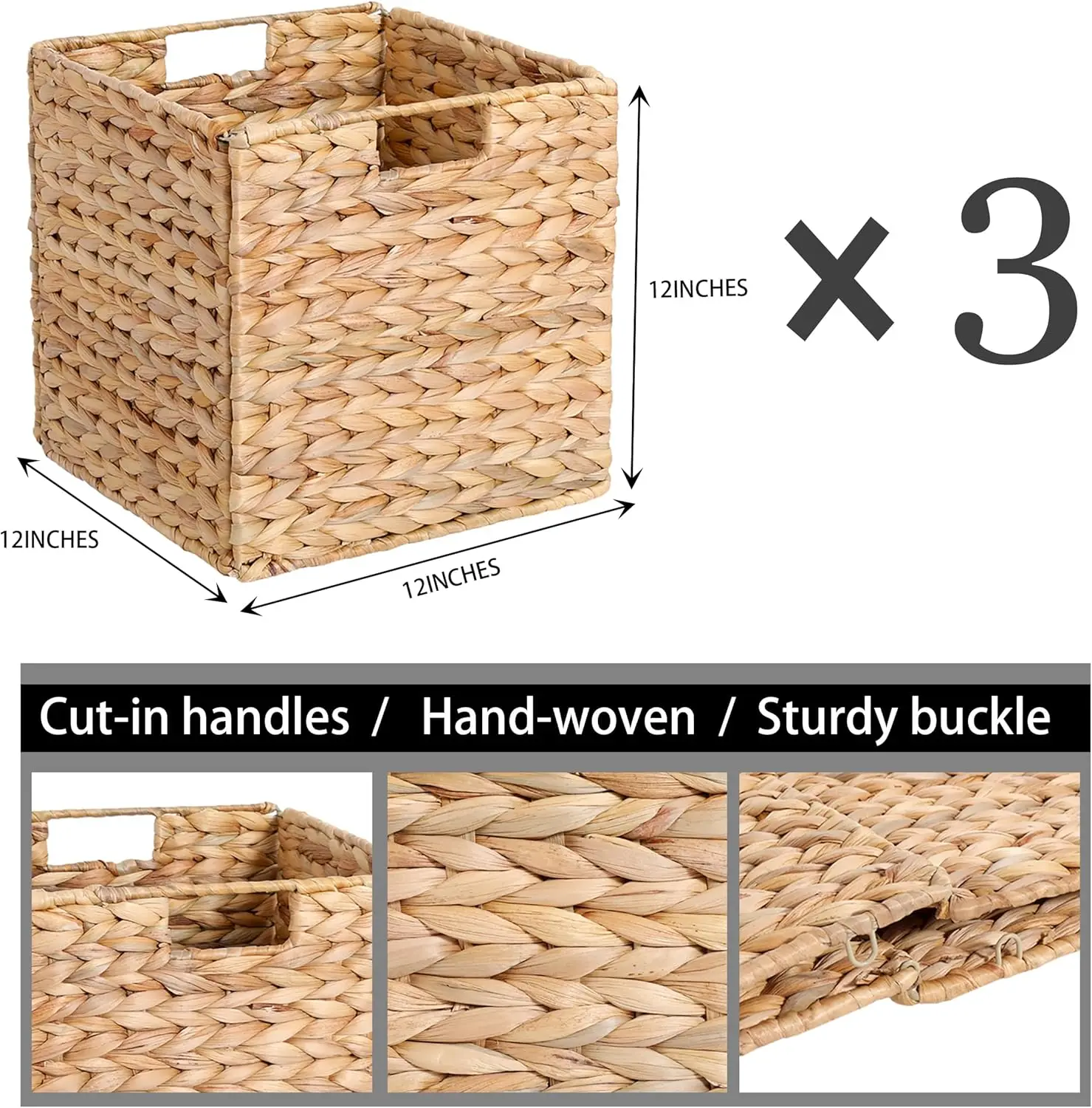 12 x 12 x 12in Water Hyacinth Storage Baskets, Wicker Storage Baskets for Shelves, Foldable Square Baskets for IKEA Kallax Set o 4