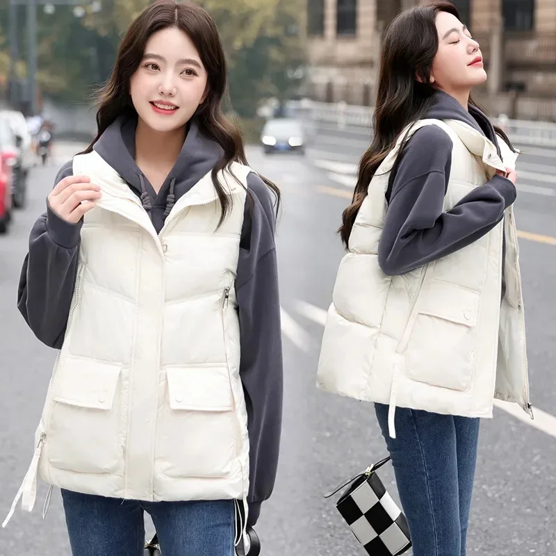 

New Women's Down Cotton Vestser Parkas Sleeveless Vest Outwear Autumn Winter Cotton-padded Waistcoat Female Hooded Warm Puff