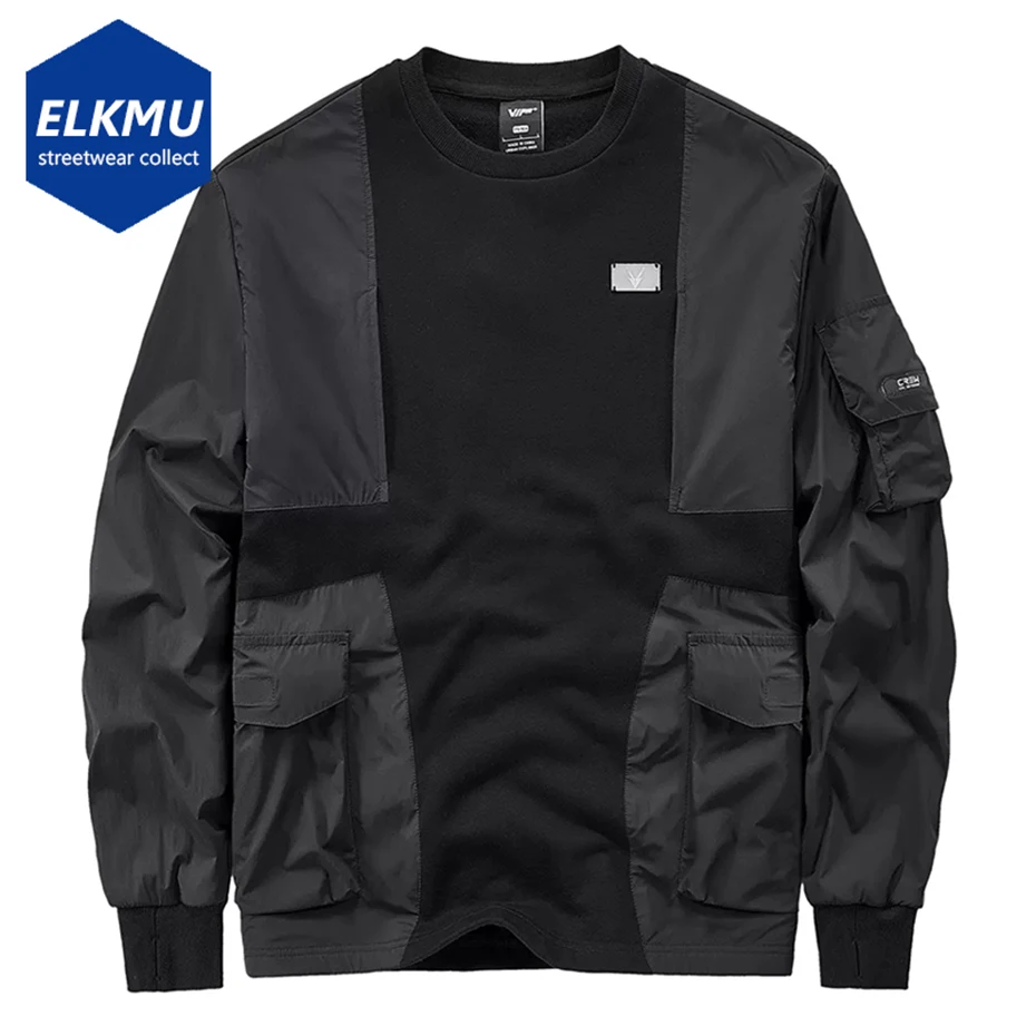 

Толстовка Techwear мужская с множеством карманов, модная уличная одежда в стиле пэчворк, худи, черный топ