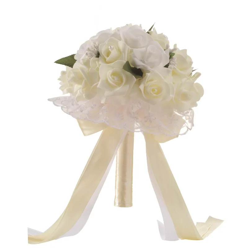 Elegant Bride Hands Holding Bouquet Romantic Rose Flower Pearl Crystal Wedding Bridal/Bridesmaid Bouquet Satin Flower