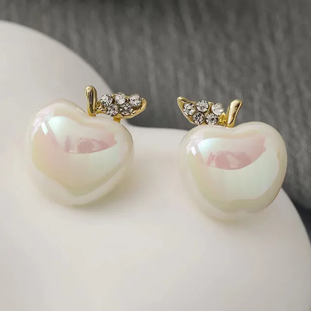 Inlaid Rhinestone  Pearl Creative Apple Earrings for Women Simple Studs Commuter Stud Earrings Wholesale Charms Jewelry 4