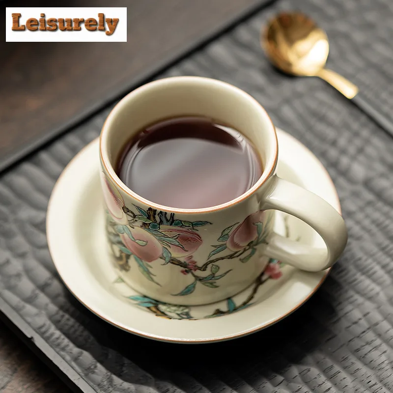 180ml Antique Ru Kiln Nine Peach Coffee Cup Ladies' Exclusive Afternoon Tea Mug Office Work Mug Cup Saucer Cappuccino Latte Cup