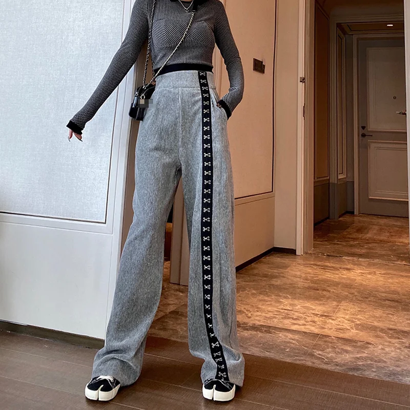 Thick Loose Straight Broad-legged Pants Women's Autumn and Winter 2022 Gray Striped Sweatpants Casual Sporty Trousers Harajuku