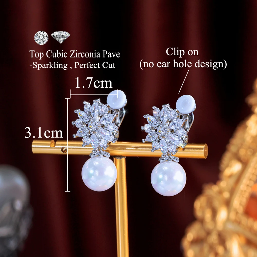 Ear Clip Earrings Clip Earrings Ear Clip Ear Accessories CWWZircons Elegant Cubic Zirconia Flower Pearl No Hole Earrings for Women Fashion Jewelry Ear Clip On Non Pierced Earring EJ0006