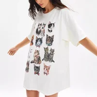 Plus Size Summer Printed Color Block Cat T-Shirt Women's Casual Outdoor Short Sleeve Top plus Size Fashionable Streetwear