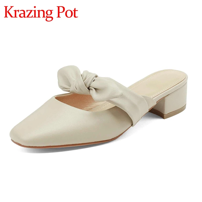 

Krazing Pot Big Size 43 Full Grain Leather Square Toe Med Heel Mules Shallow Simple Style Solid Fashion Mature Women Pumps L2f3
