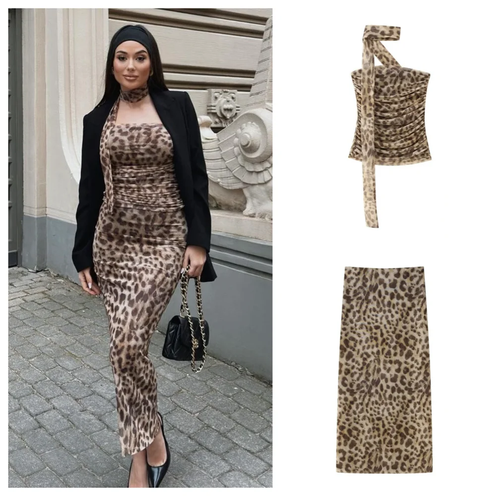 PB&ZA 2024 Spring and Summer New Women's Leopard Print Tulle Tube Top High Waist Midi Skirt Two-piece Set