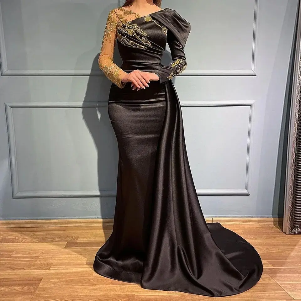 Happy Custom Dubai Mermaid Arabic Evening Dress For Women Wedding Long Sleeve Beaded Appliques Elegant Formal Party Gown