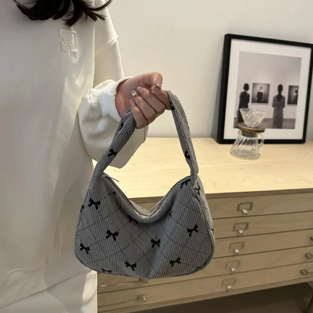 Bow Pattern Niche Design Handbag Corduroy Handbag Casual Women's Underarm Bags Shoulder Bag Shopping Commuter Tote Bags