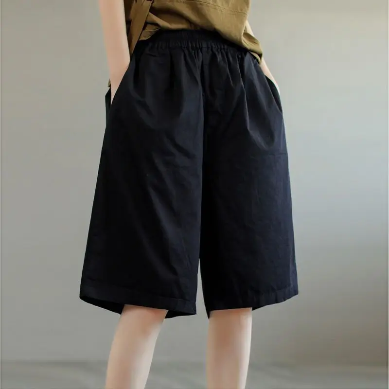 Women's 2024 Summer New Spliced Elastic Waist Fashion Solid Color Pocket Loose and Versatile Slimming Pure Cotton 6/4 Shorts