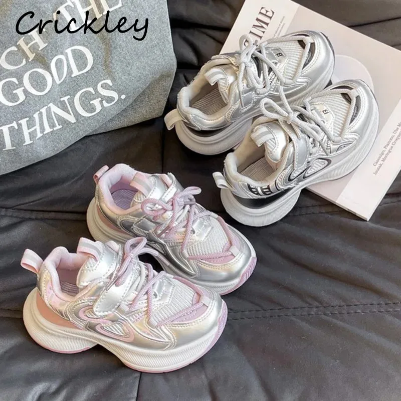

2024 Mesh Patchwork Children Sneakers Fashion PU Hook Loop Boys Girls Running Shoes Breathable Soft Sole Kids Sport Shoes