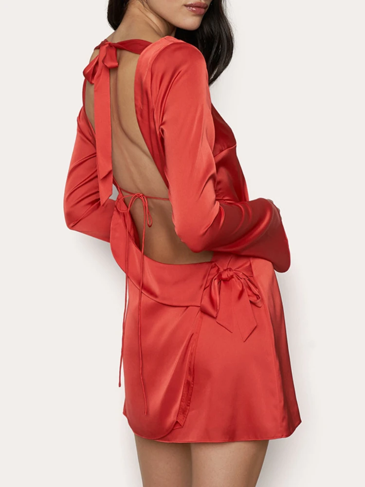 

Женское однотонное атласное короткое платье, элегантный повседневный Модный пуловер с вырезом на спине, элегантное мини-платье с открытой спиной, новинка