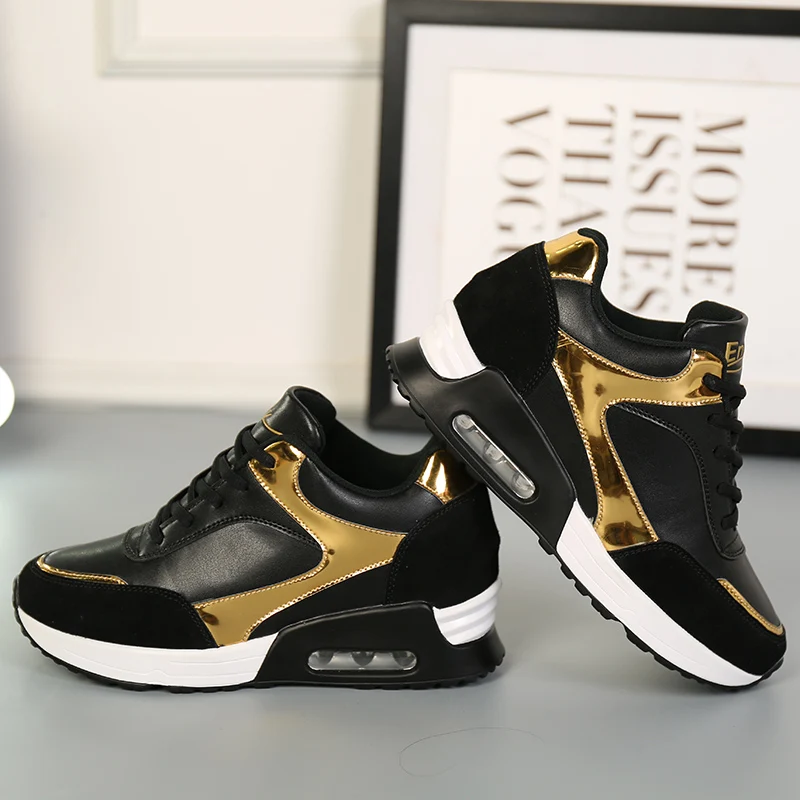 Height Increasing Women Sport Shoes Black Gold Female Walking Sneakers Comfortable Spring Outdoor Travel City Walk Shoes
