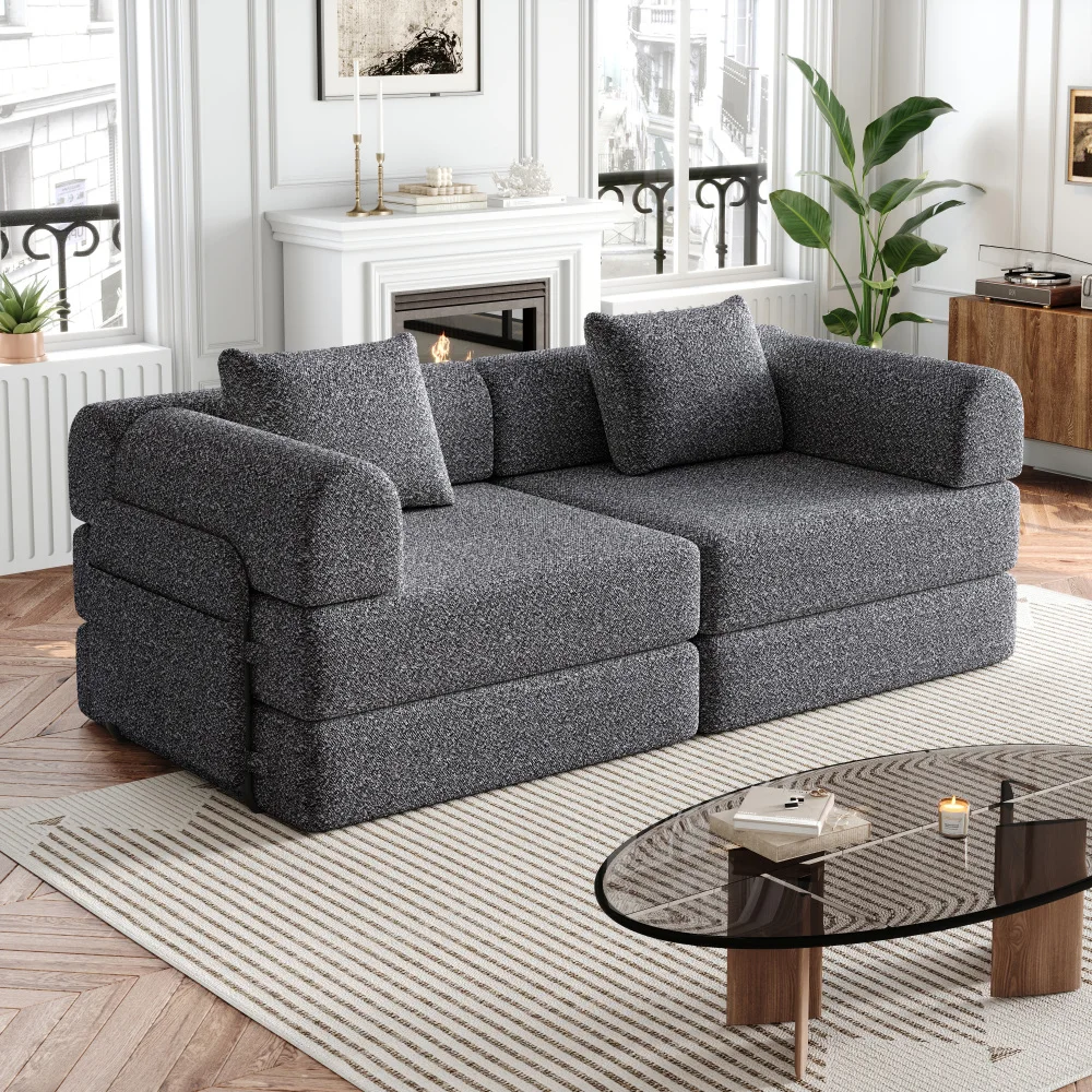 2-in-1 Chenille-Schlafsofa | mit Aufbewahrungsfach für Armlehnen, drei Metallrahmen und mehreren Konfigurationsoptionen, Wohnmöbel – Detail 17
