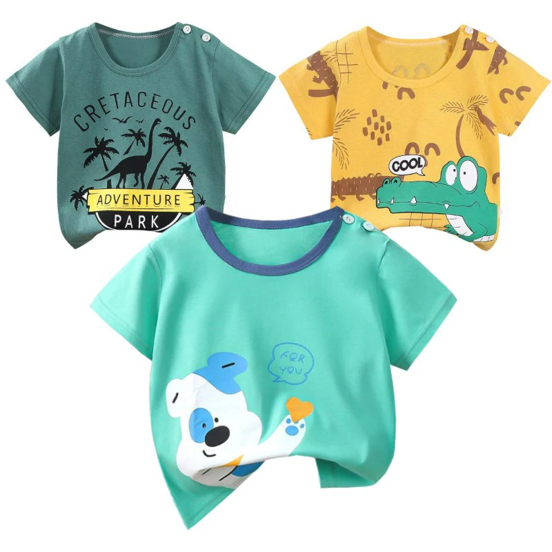 Summer Short Sleeve Soft Cotton T-Shirt Kids Baby Boys Cartoon Dinosaur Dog Crocodile Print Tracksuit Casual Clothes 1-4 Years
