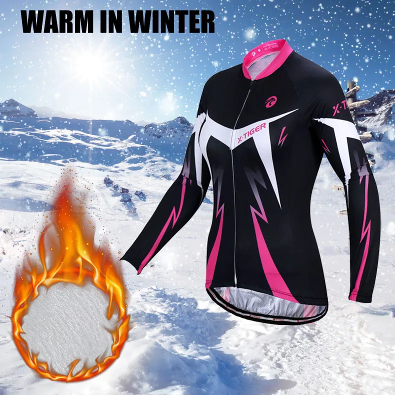 Women Sports T Shirt X-TIGER Women's Winter Cycling Jersey 5-10℃ Outdoor Sports Warm Fleece Fabric Long Sleeve Sportswear with Back Storage Pockets