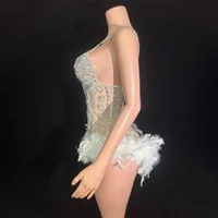 Women Luxury Rhythmic Gymnastics Leotards Bling Bling Glitter Diamonds Cut Out Bodysuit With White Feathers Nightclub Costumes - Image 3