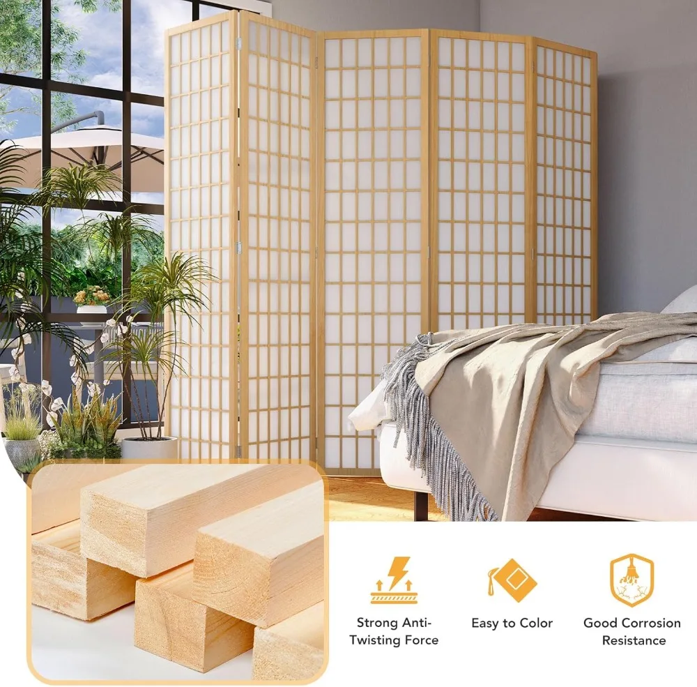 6 Panel Japanese Shoji Screen Room Divider, 5.9 Ft Natural Wood Privacy Wall for Home Office