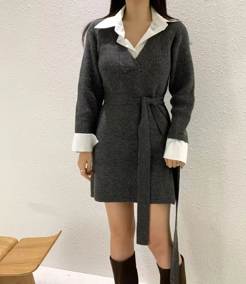 Korean Chic Mini Dresses Women Turn-down Collar Long Sleeve Shirt Patchwork Autumn Winter Knitted Dress Casual Fashion Vestidos