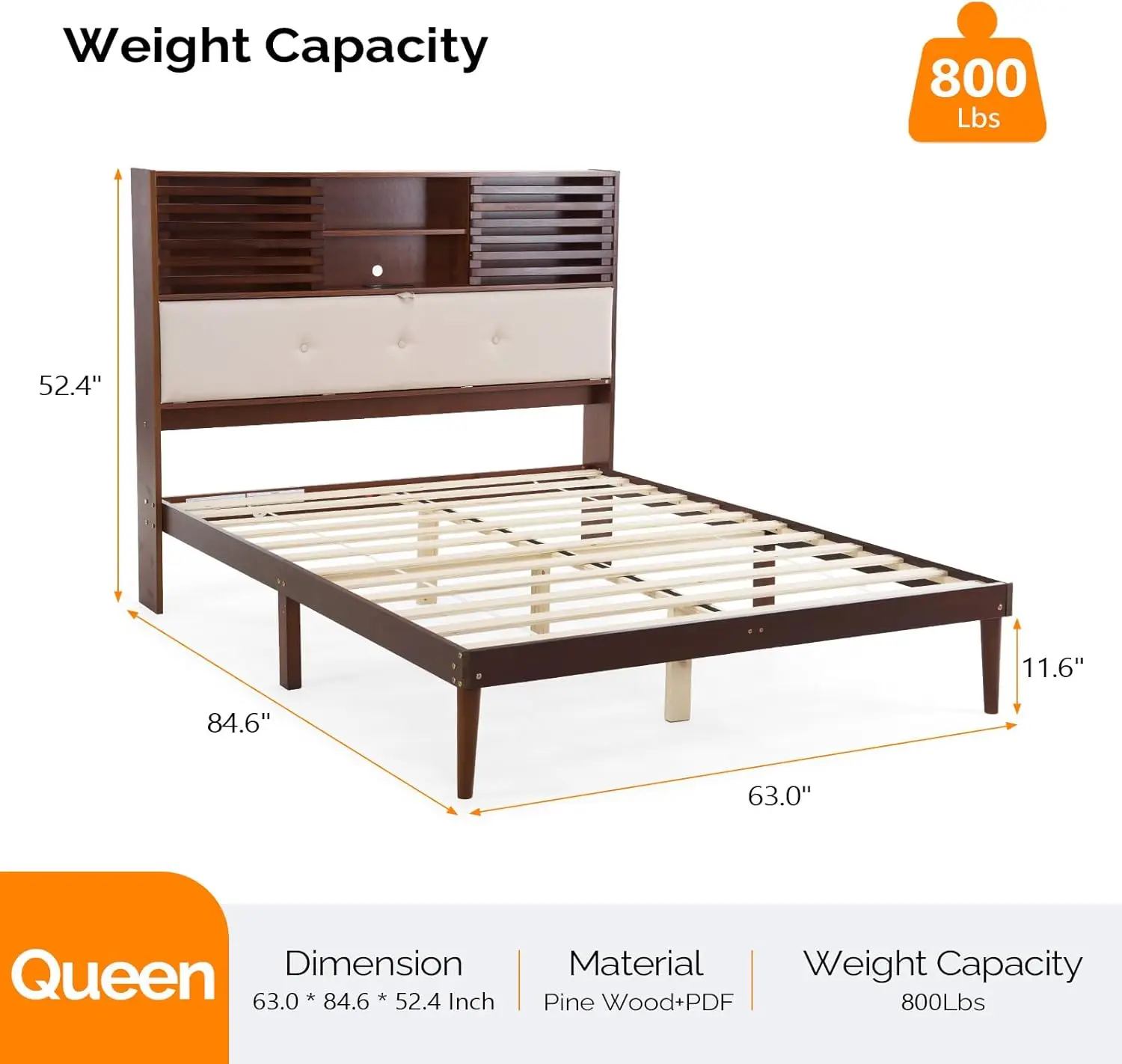 Queen Size Wooden Bed Frame with 52'' Extra LED Upholstered Bookcase Storage Headboard, Charging Station,No Box Spring Needed