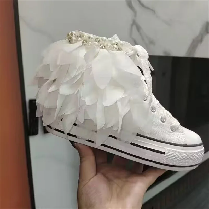 

Pearl rhinestone feather handmade custom canvas shoes spring and autumn thick soles waterproof platform casual shoes women 35-40