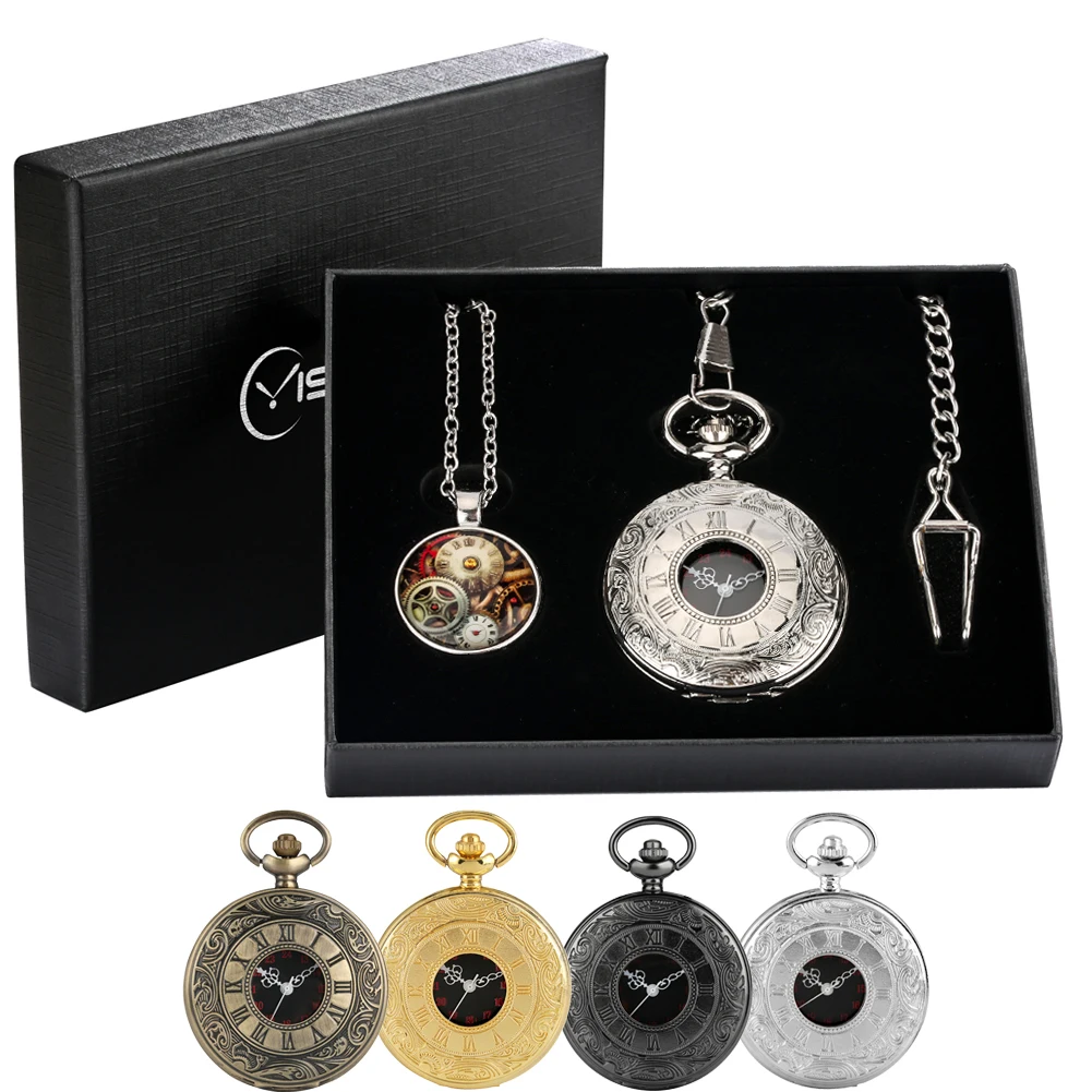 

Roman Numerals Carved Hollow Cover Quartz Pocket Watch Gift Set Vintage Steampunk Fob Chain Pendant Antique Pocket Clock for Men